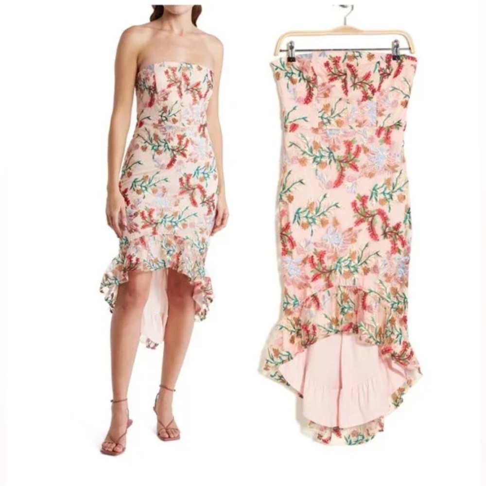Sam Edelman Bouquet Floral Embroidered Strapless Hi-low Sheath